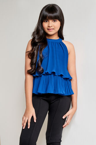 Blue Heat-Pleated Flared Top, Teal, image 1